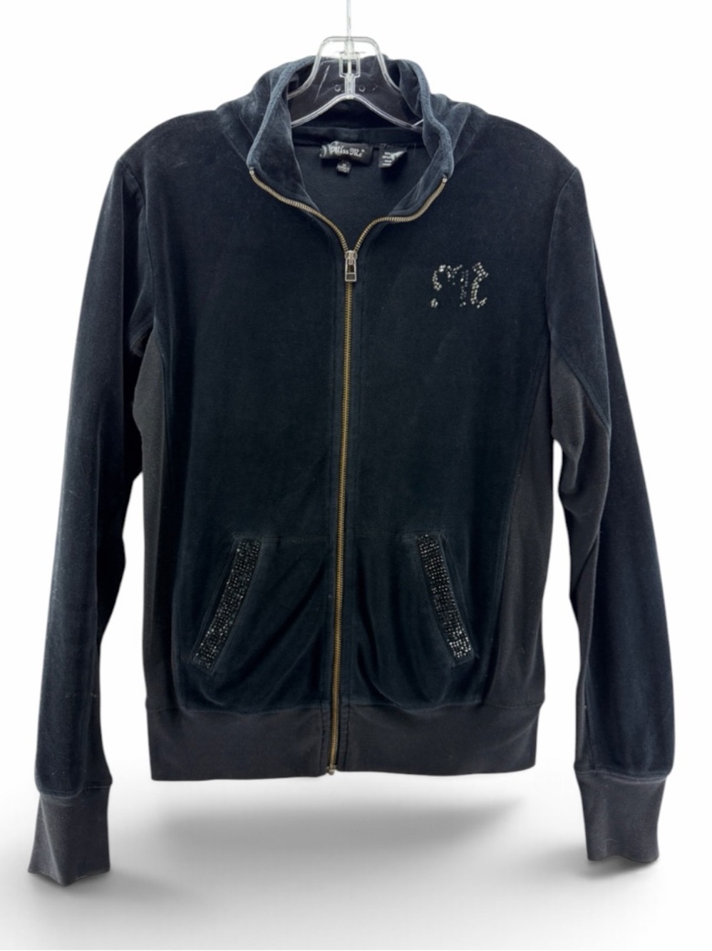 Miss Me Y2K Black Velour Zip-Up Jacket with Crystal Accents Size Medium
